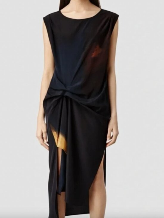 All Saints Dresses & Skirts - $325 AllSaints Black Ruched Gathered Mini Silk Riviera Ochre Dress size 4/FR 36